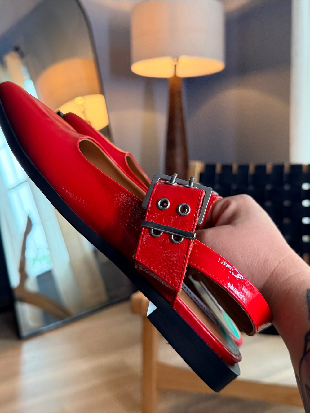 Steve Madden Red Pointed Mary Jane Flats with Grommet Strap - Picture 2 of 4
